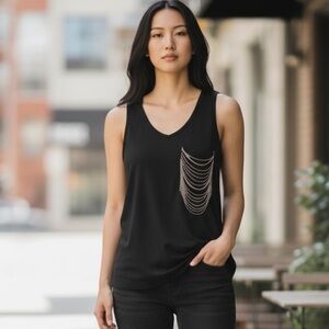 Jamison 100% Silk Top in Black with Gold Chains Front Pocket Size XS Sleeveless